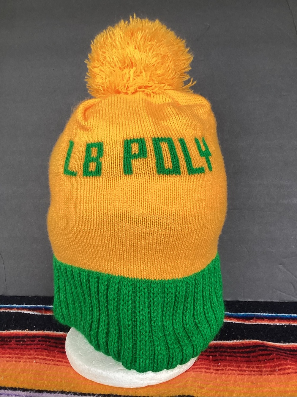 Vintage Hand Knit Long Beach poly beanie hat with Pom